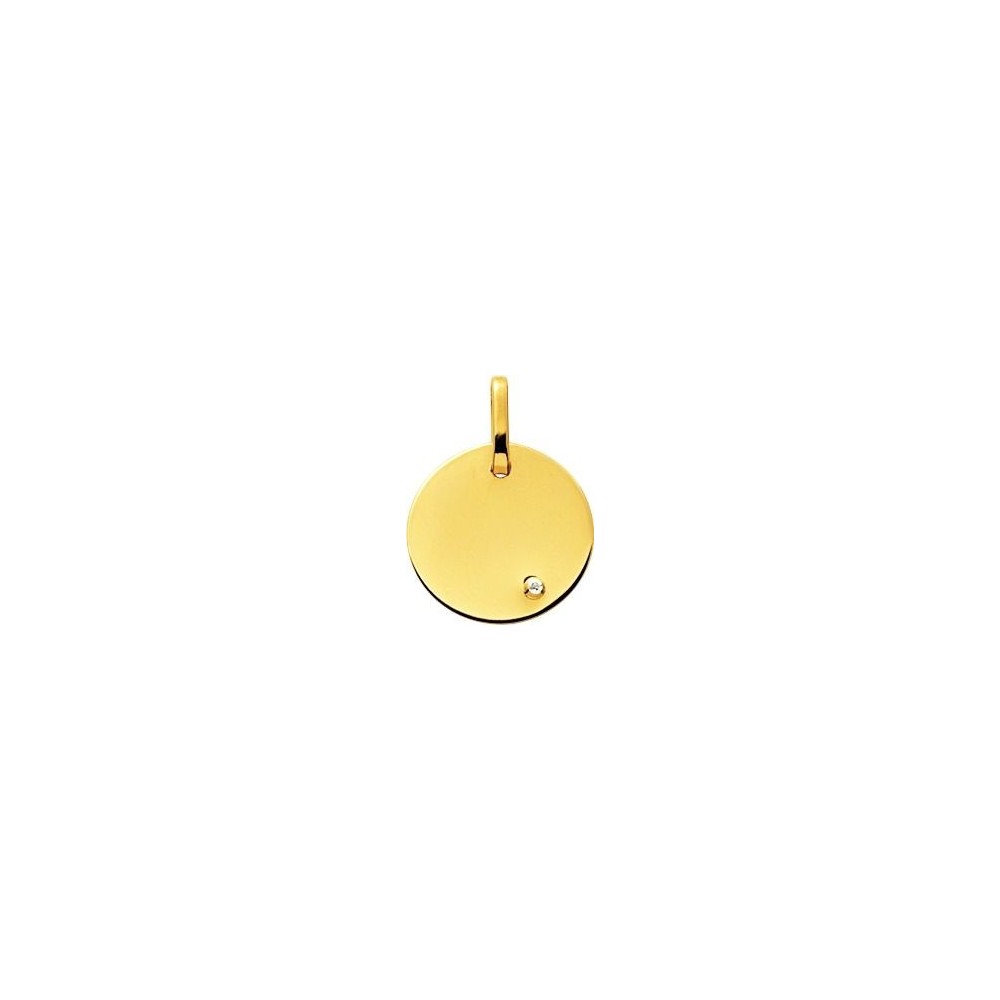 Médaille BAHIA or jaune 750 /°°  diamant 0,01 carat diamètre 16 mm