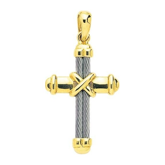 Croix PAIX or jaune 750 /°° double câble acier dimensions 42 mm x 21 mm