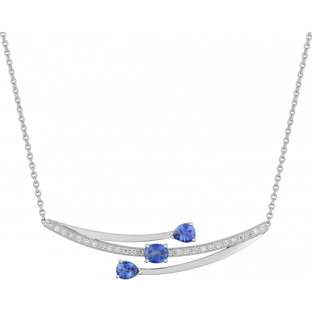 Collier ELYSEES or blanc 750 /°° diamants saphirs bleus origine Ceylan 1.40 carat