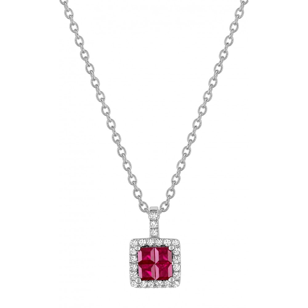 Collier EXQUISE or blanc 750 /°° diamants rubis 0,42 carat