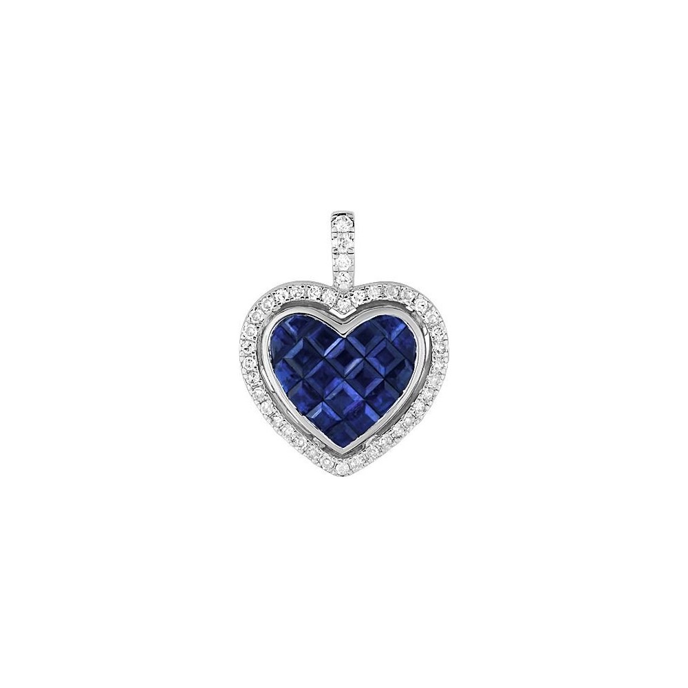 Pendentif ILLUSION or blanc 750 /°° diamants saphirs bleus 1,43 carat