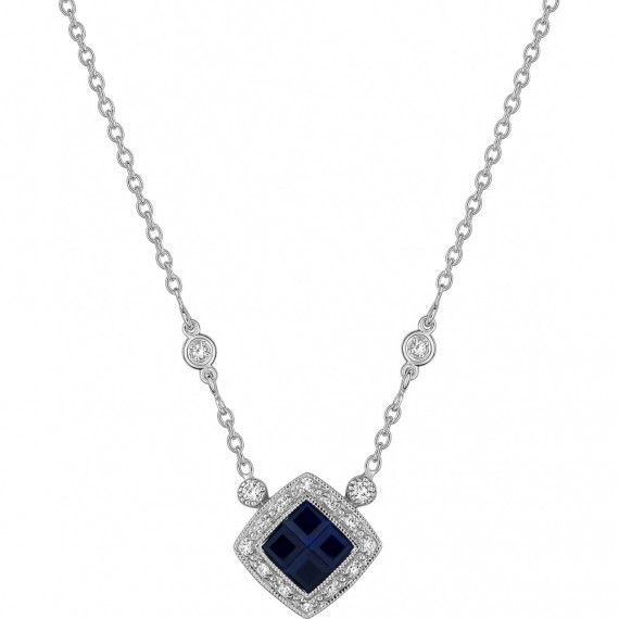 Collier FLAMME or blanc 750 /°° diamants saphirs bleus 0.76 carat