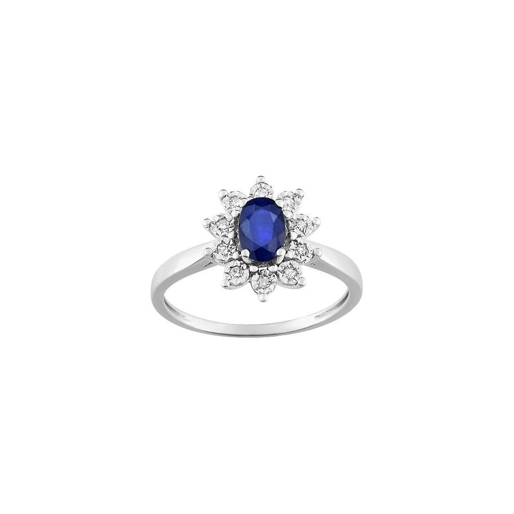 Bague PANACEA or blanc 750 /°° diamants saphir bleu 0.59 carat