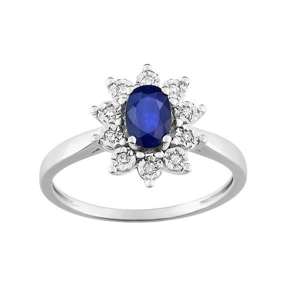 Bague PANACEA or blanc 750 /°° diamants saphir bleu 0.59 carat