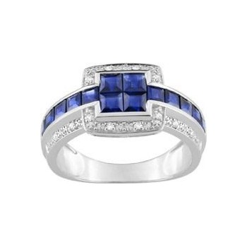 Bague ARGENS or blanc 750 /°° diamants saphirs bleus 1.78 carat