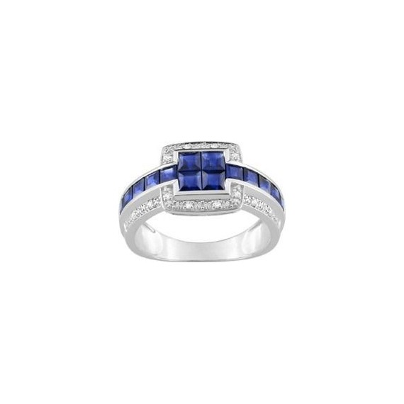 Bague ARGENS or blanc 750 /°° diamants saphirs bleus 1.78 carat