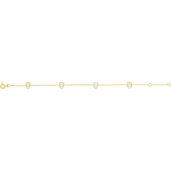 Bracelet RAFFINEE or jaune or blanc 750 /°° double cœurs