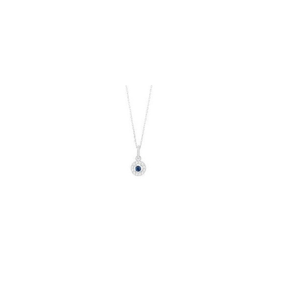 Collier SPHYNX or blanc 750/°° diamants saphir bleu 0.15 carat