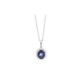 Collier or blanc 750/°° saphir bleu diamants 0.35 carat