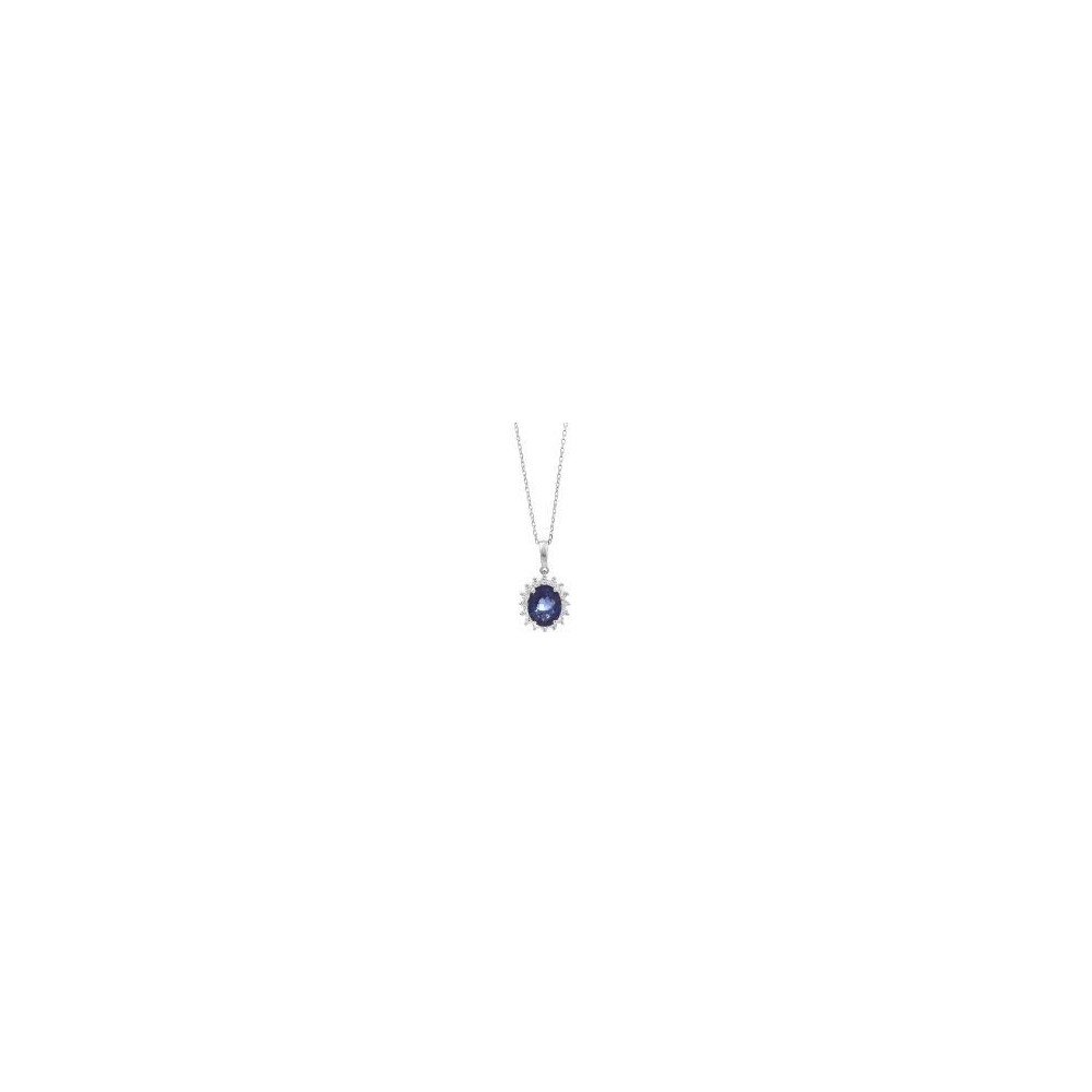 Collier or blanc 750/°° saphir bleu diamants 0.35 carat
