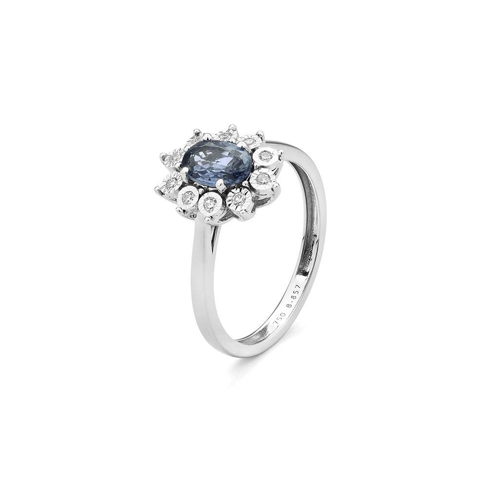 Bague ENA or blanc 750 /°° diamants saphir bleu 0,65 carat