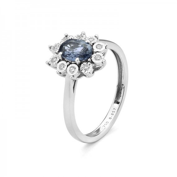 Bague ENA or blanc 750 /°° diamants saphir bleu 0,65 carat