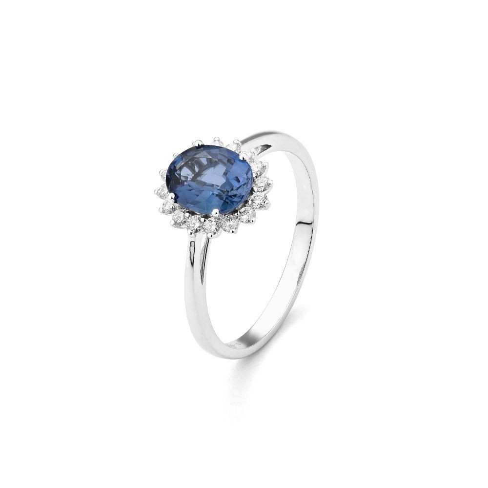Bague MAUREEN or blanc 750 /°° diamants saphir bleu 2,32 carat